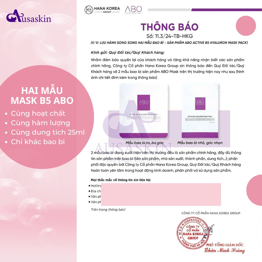Mặt Nạ Dưỡng Ẩm ABO 25ml - HA, Rau Má, B5 Giúp Cấp Ẩm, Phục Hồi Và Làm Dịu Da - Active B5 Hyaluron Mask Pack