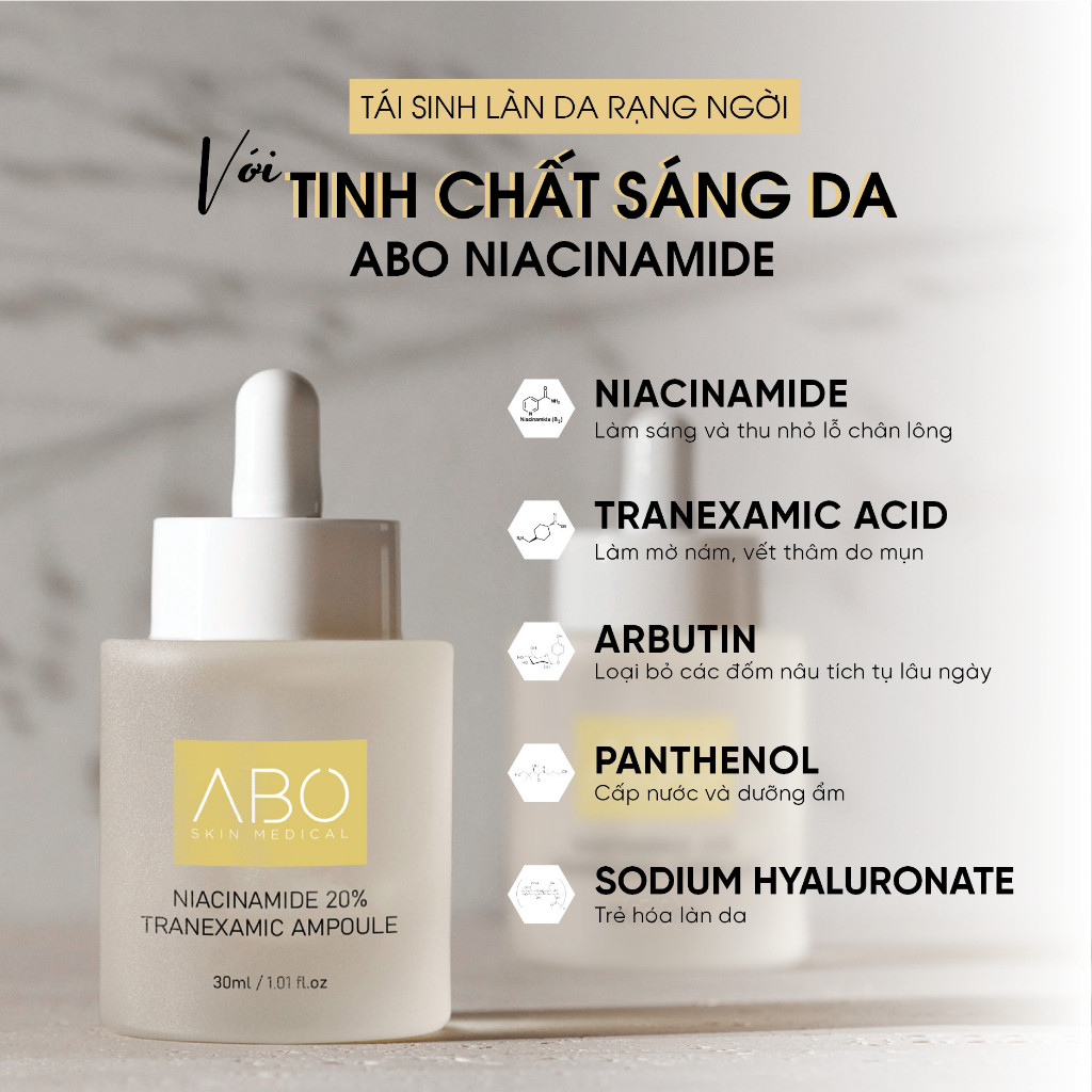 Tinh Chất Serum Trắng Da ABO 30ml Niacinamide 20% Tranexamic Acid Ampoule Mờ Nám Tàn Nhang, Sáng Da, Giảm Thâm Mụn - Ảnh 5